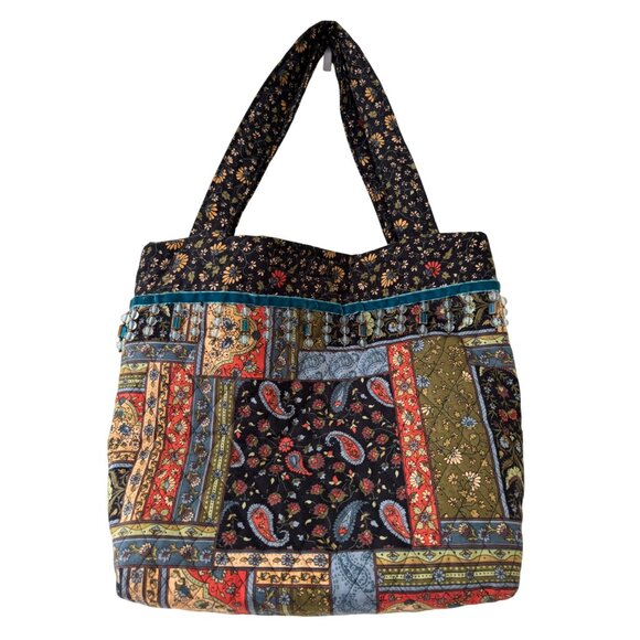 Handcrafted Boho Patchwork Tote Bag With Floral & Paisley Patterns Beaded Trim - Picture 1 of 14